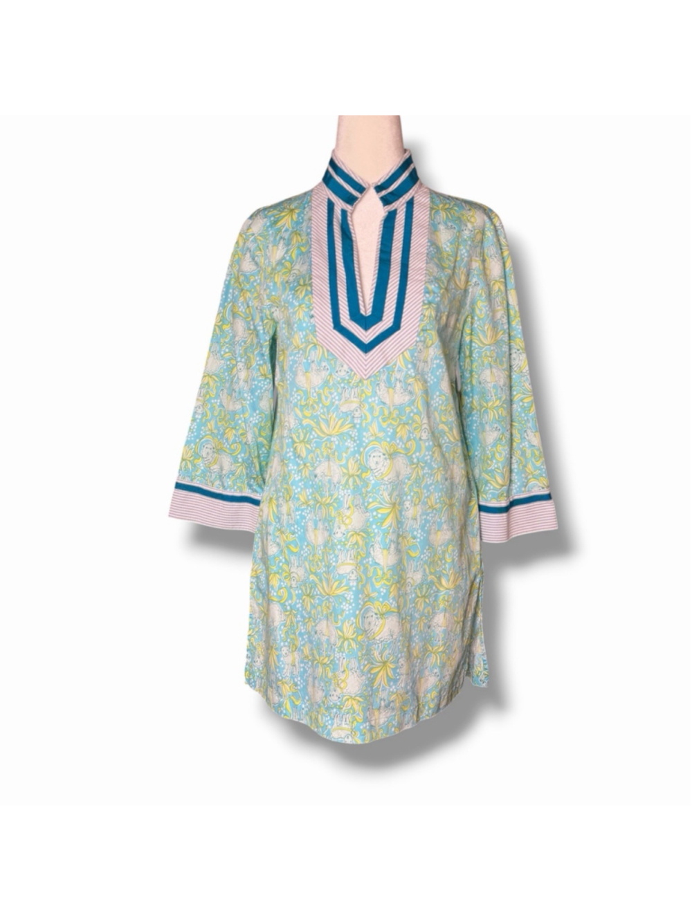 Brooks Brothers Womens XS Cotton Tunic Top Sheep Blue Green Floral Preppy EUC